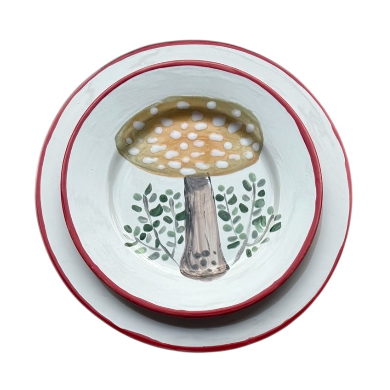 FOREST CAPS 🍄 - SMALL MUSHROOMS + RED BORDER BIG PLATES (Set of 12)