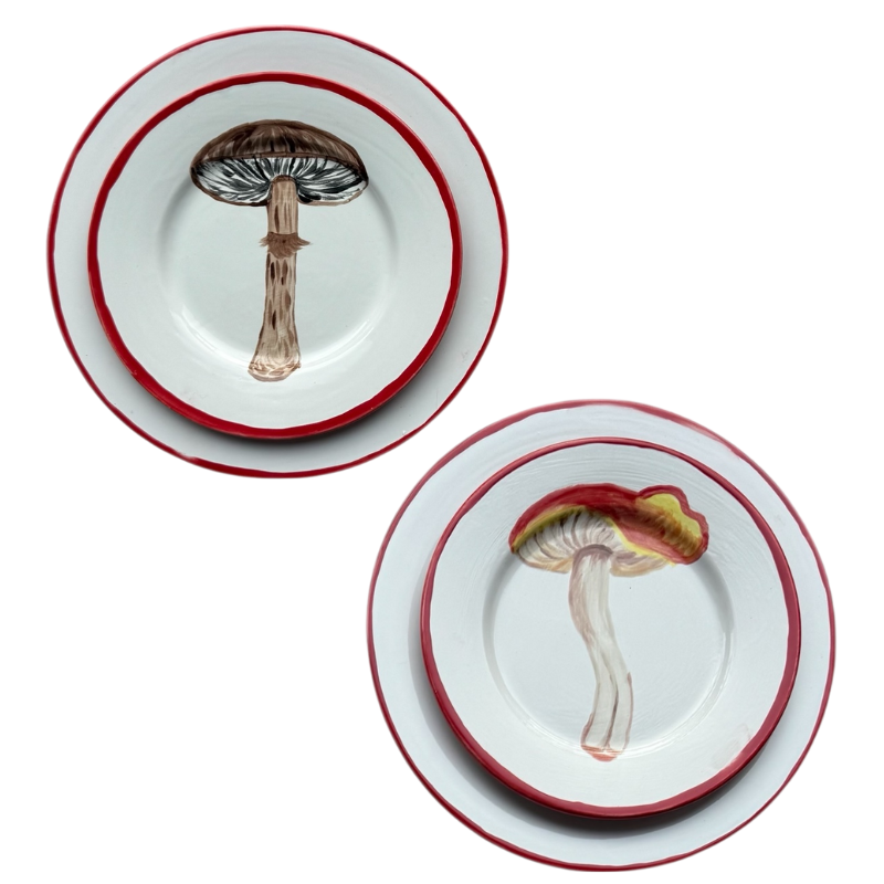 FOREST CAPS 🍄 - SMALL MUSHROOMS + RED BORDER BIG PLATES (Set of 12)