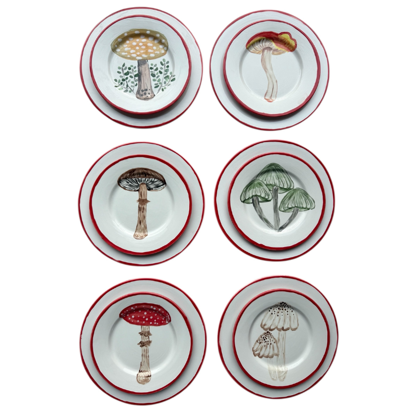 FOREST CAPS 🍄 - SMALL MUSHROOMS + RED BORDER BIG PLATES (Set of 12)
